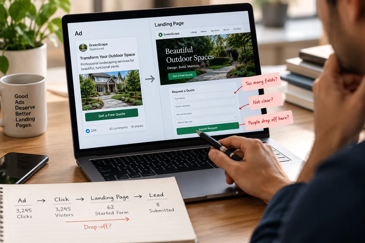 Landing page drop-off and friction point diagram