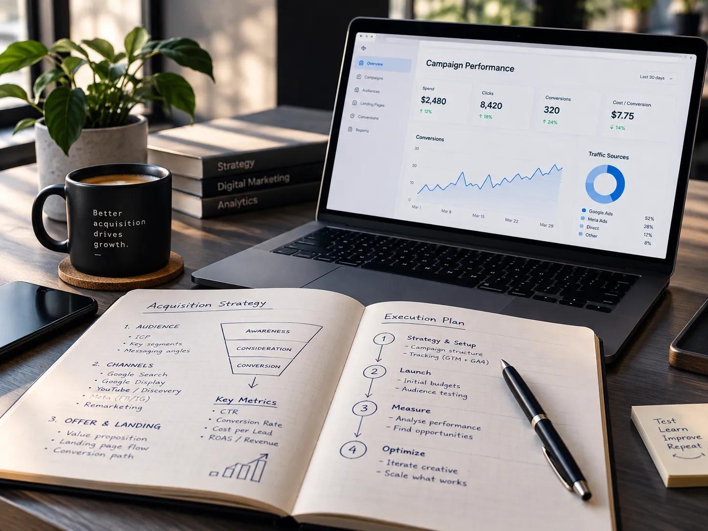 Specialist desk environment showing strategy notes and performance data